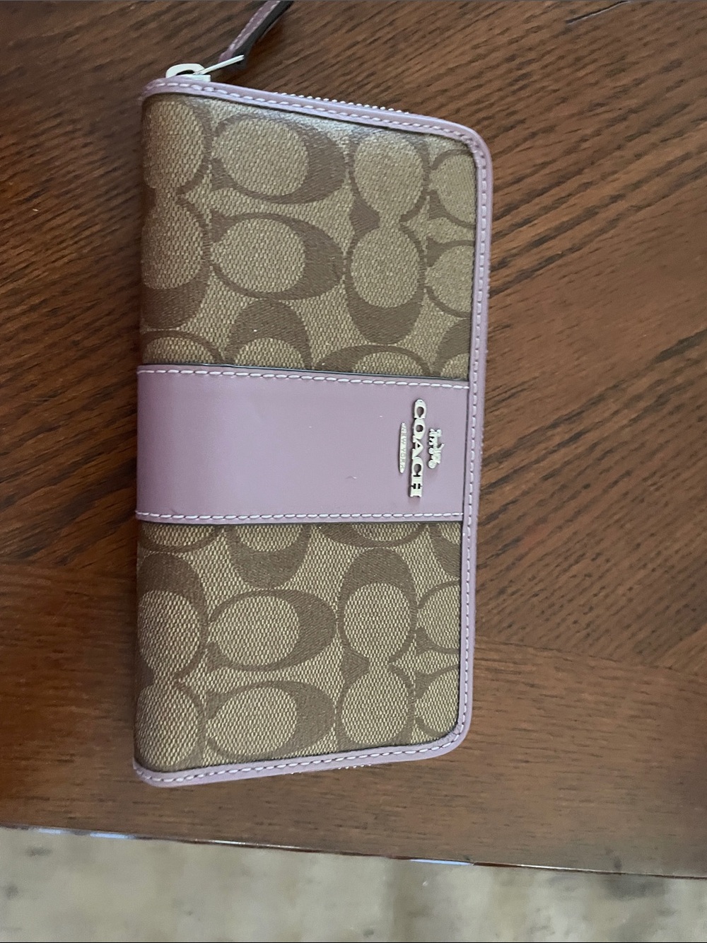 Coach Brown Signature Canvas Wallet with Light Pink Trim